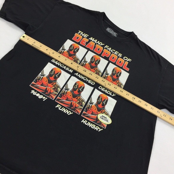 Marvel Deadpool Many Faces Funny Short Sleeve T-Shirt XL Adult Black Orange - Picture 4 of 5